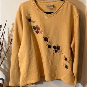 Women's Mustard V-Neck Sweatshirt with Leaf Embroidery